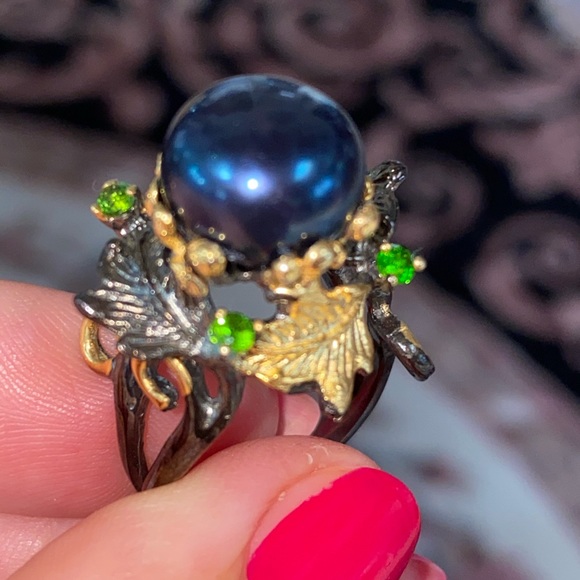 Genuine Black Tahitian Pearl Chrome Diopside Ring